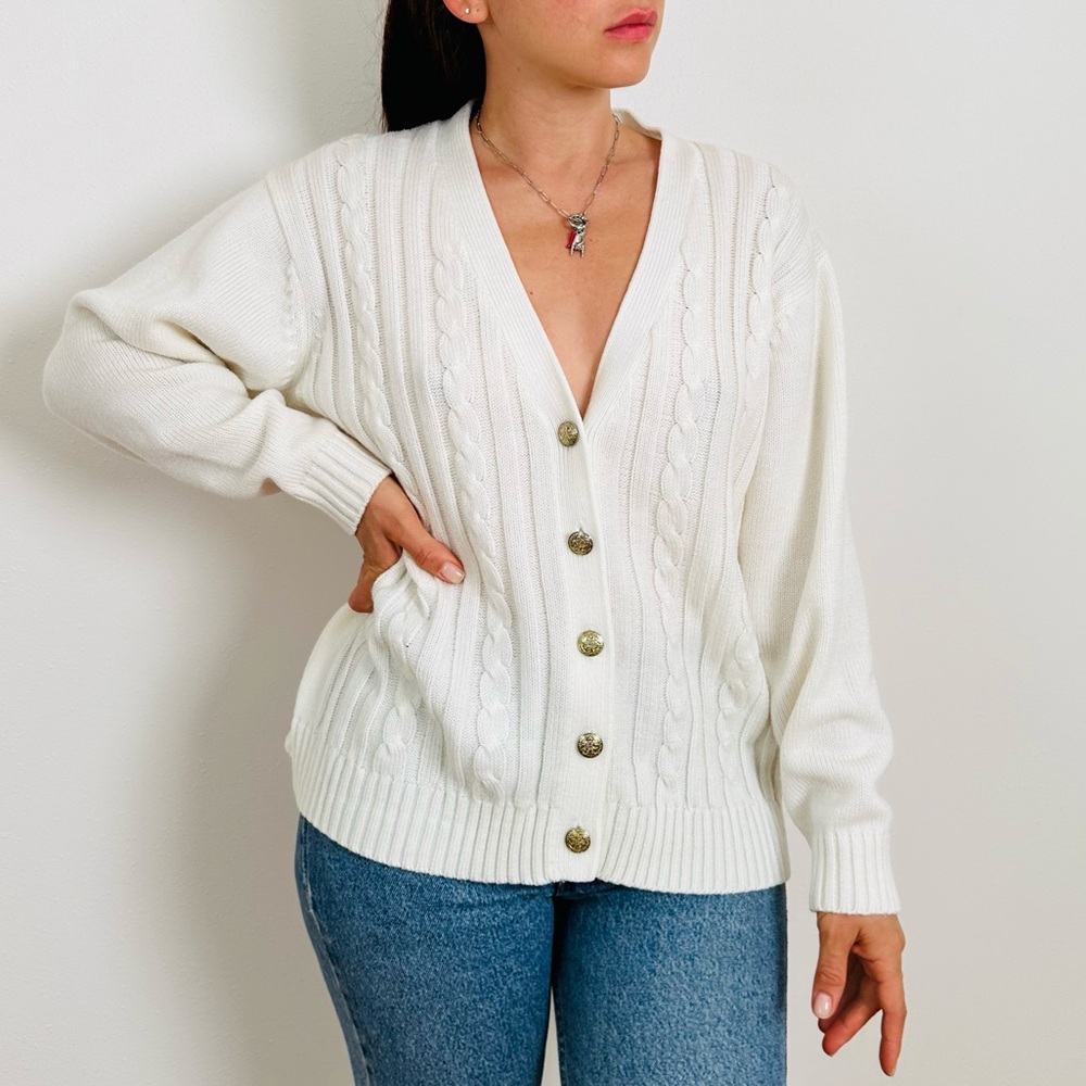 Vintage Bobbie Brooks v-neck cable-knit front cardigan sweater boho gold buttons